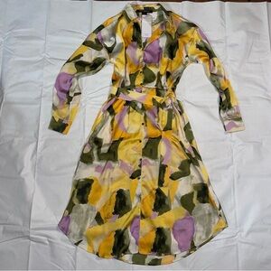 French Connection Colorful Faux Silk Collared Button Up Belted Dress S NWT